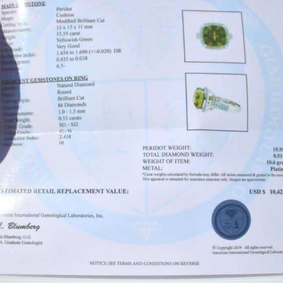 Certified Peridot 15.55ct Diamonds Platinum Ring - Picture 4 of 10